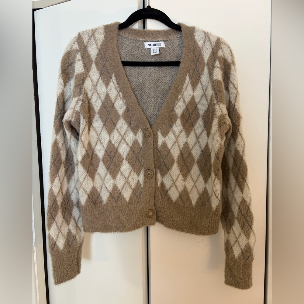 Soft Brown and Cream Preppy Argyle Cardigan